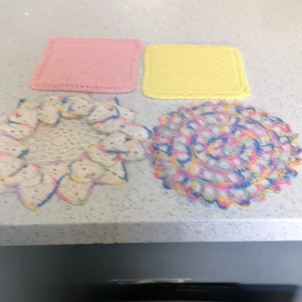 4 vintage crocheted 2 dollies 2 pot holders pink, yellow & blue